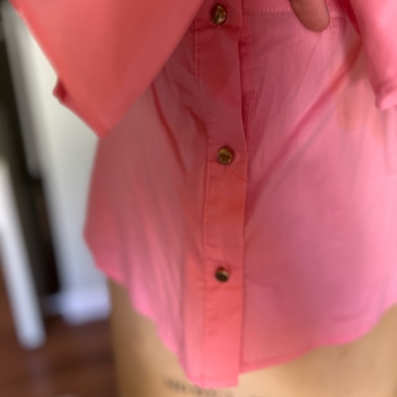 Nylon apparel pink puff sleeve blouse with bow tie front and gold buttons medium - Picture 3 of 7